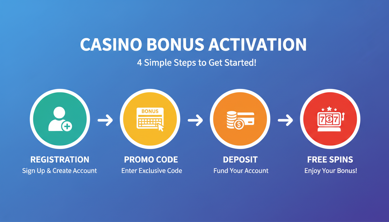 Infografika przedstawiająca proces aktywacji kodu promocyjnego w kasynie online