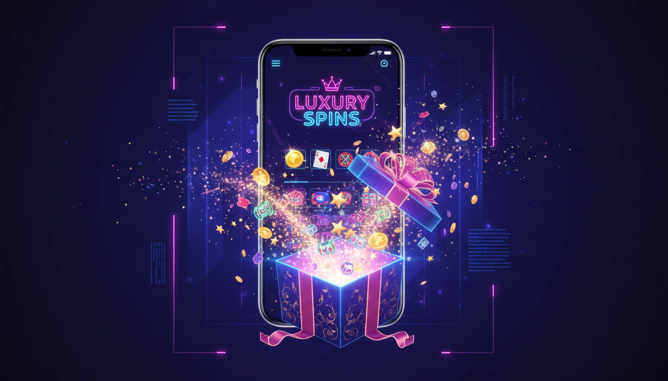 Infografika przedstawiająca smartfon z aplikacją kasynową i animowanym pudełkiem prezentowym symbolizującym bonus bez depozytu