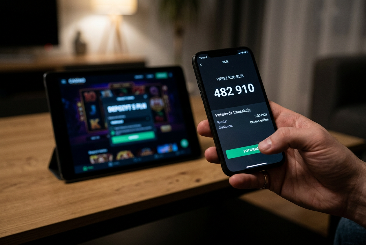 Zbliżenie na smartfon z aplikacją bankową wyświetlającą potwierdzenie płatności BLIK w kasynie
