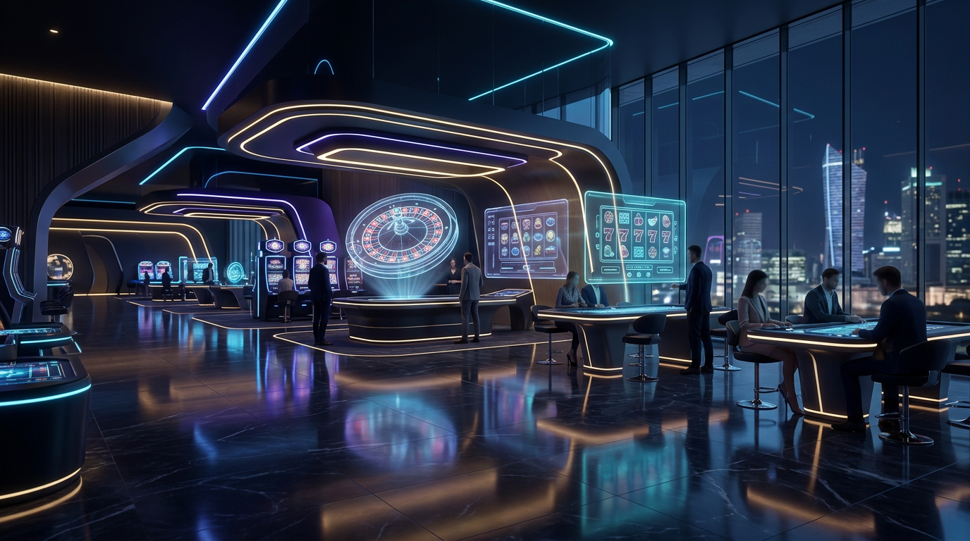 Futurystyczne kasyno online 2026 z neonowym oświetleniem i luksusowym wnętrzem