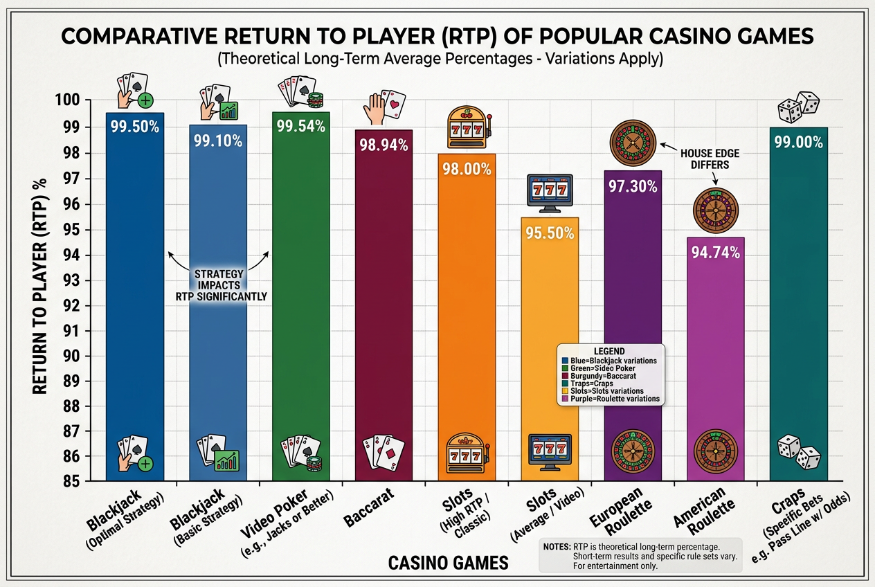 Szczegółowy wykres słupkowy porównujący RTP różnych gier kasynowych takich jak Blackjack i Sloty