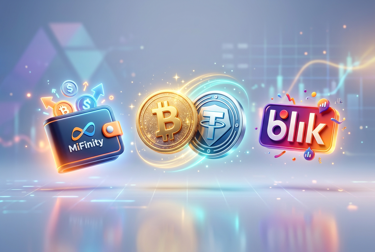 Logotypy metod płatności BLIK, Kryptowaluty i MiFinity w nowoczesnym stylu finansowym