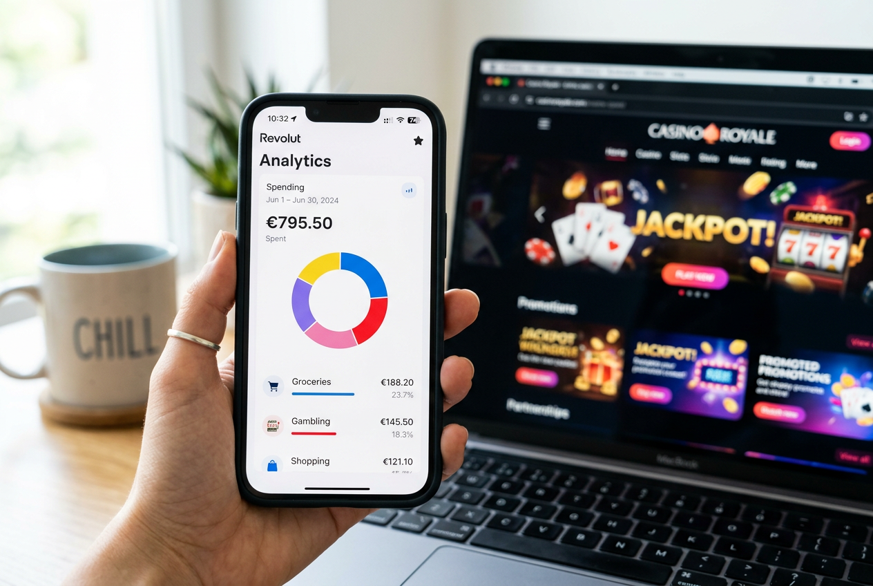 Osoba korzystająca z aplikacji Revolut do zarządzania budżetem na gry w kasynie online